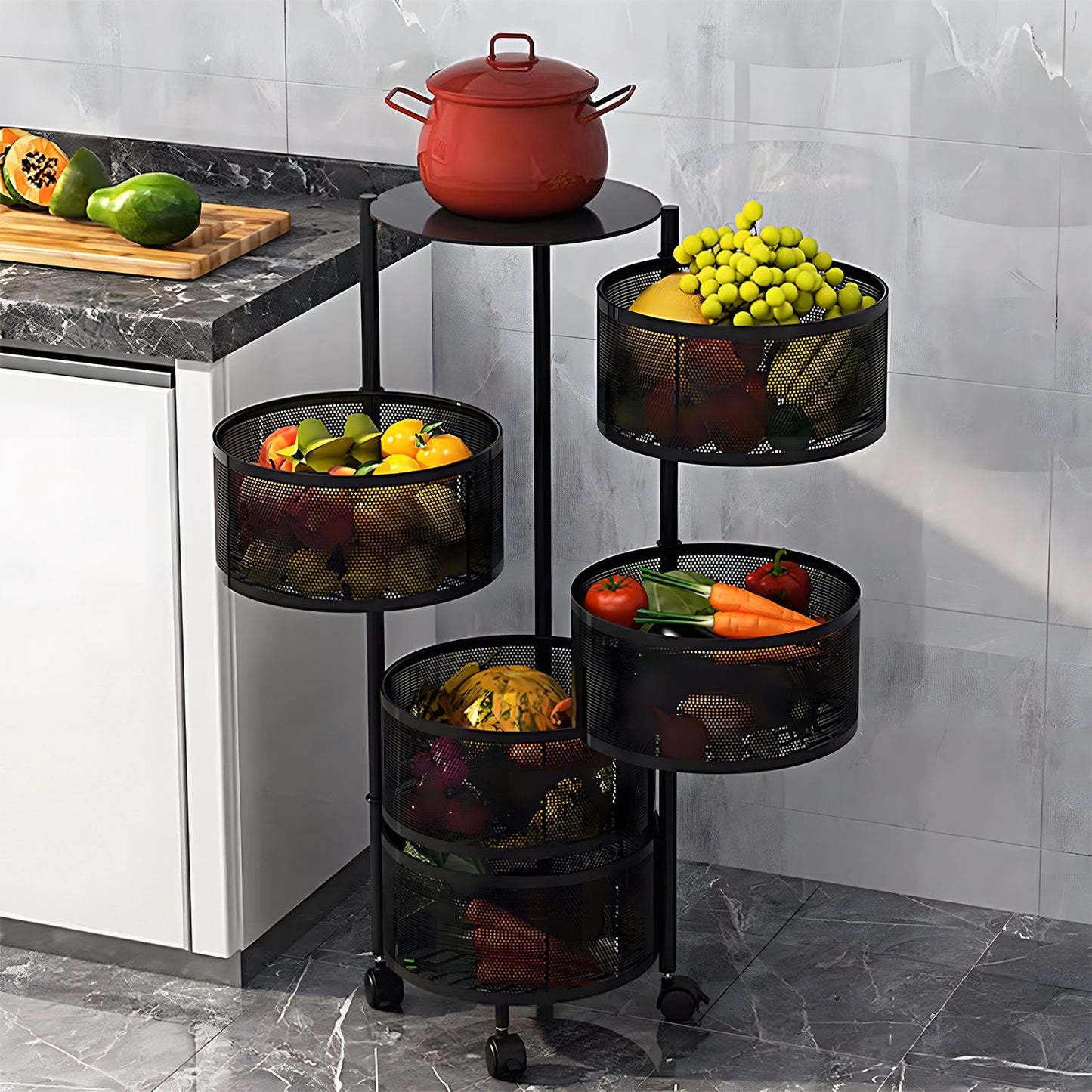 Carrello Pieghevole Multifunzione AVILIA con Ruote - 5 Cestelli Salvaspazio in Metallo, Nero