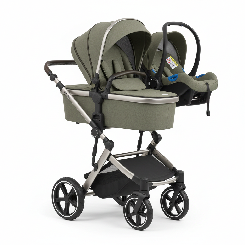Passeggino 3 in 1 YAZOCO multifunzionale pieghevole colore khaki, vista laterale su sfondo bianco